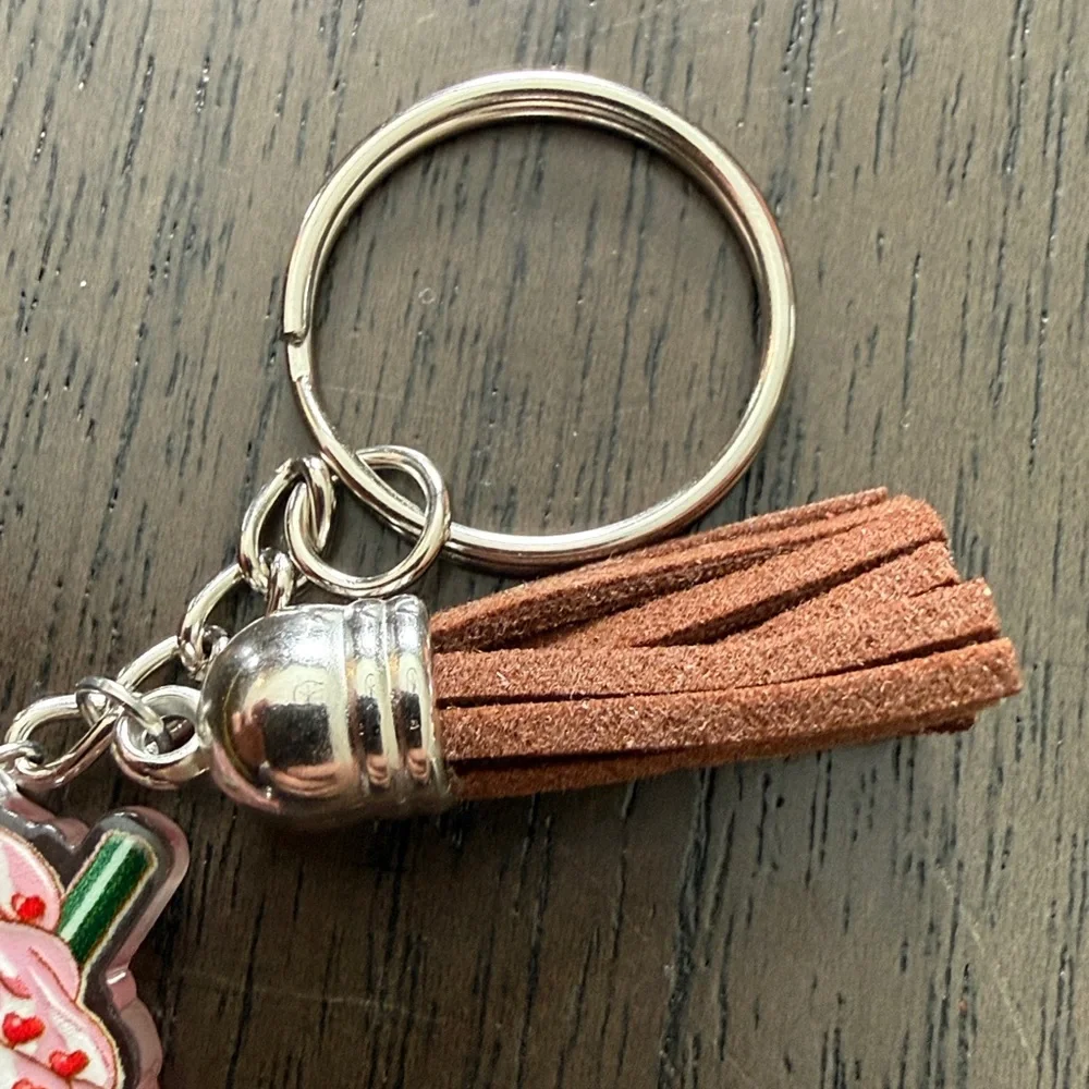 Starbucks inspired Chocolate Red & White Frappuccino Keychain with Brown Tassle